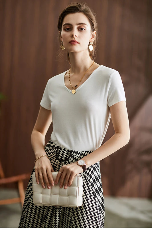 Mulberry Silk Blend Classic V-Neck Summer T-Shirt For Women