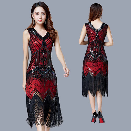 Handmade 1920s Vintage Beaded Tassel Sequin Flapper Dress