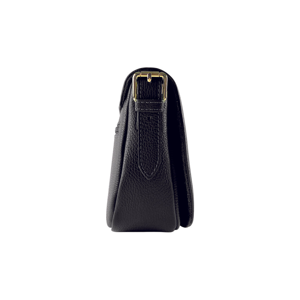 RB1002A | Borsa a Tracolla in Vera Pelle Made in Italy con Tracolla removibile in pelle e attacchi con fibbie in metallo Oro Lucido - Colore Nero - Dimensioni: cm 26 x 20 x 10-3