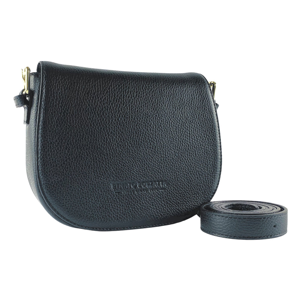 RB1002A | Borsa a Tracolla in Vera Pelle Made in Italy con Tracolla removibile in pelle e attacchi con fibbie in metallo Oro Lucido - Colore Nero - Dimensioni: cm 26 x 20 x 10-0