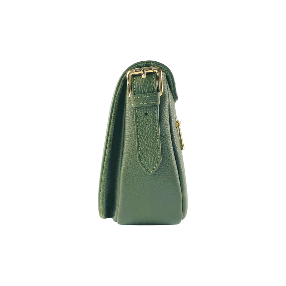 RB1002E | Borsa a Tracolla in Vera Pelle Made in Italy con Tracolla removibile in pelle e attacchi con fibbie in metallo Oro Lucido - Colore Verde - Dimensioni: cm 26 x 20 x 10-2