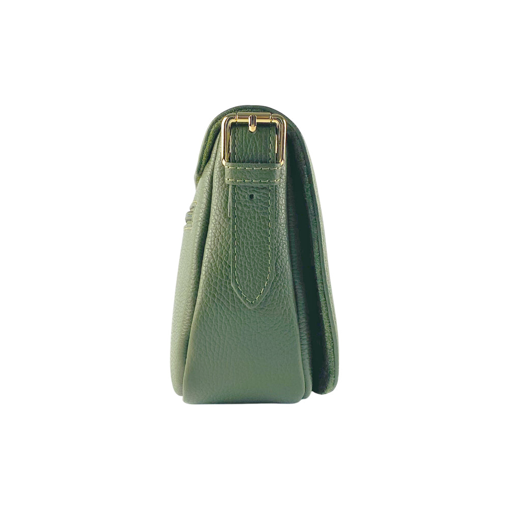RB1002E | Borsa a Tracolla in Vera Pelle Made in Italy con Tracolla removibile in pelle e attacchi con fibbie in metallo Oro Lucido - Colore Verde - Dimensioni: cm 26 x 20 x 10-3