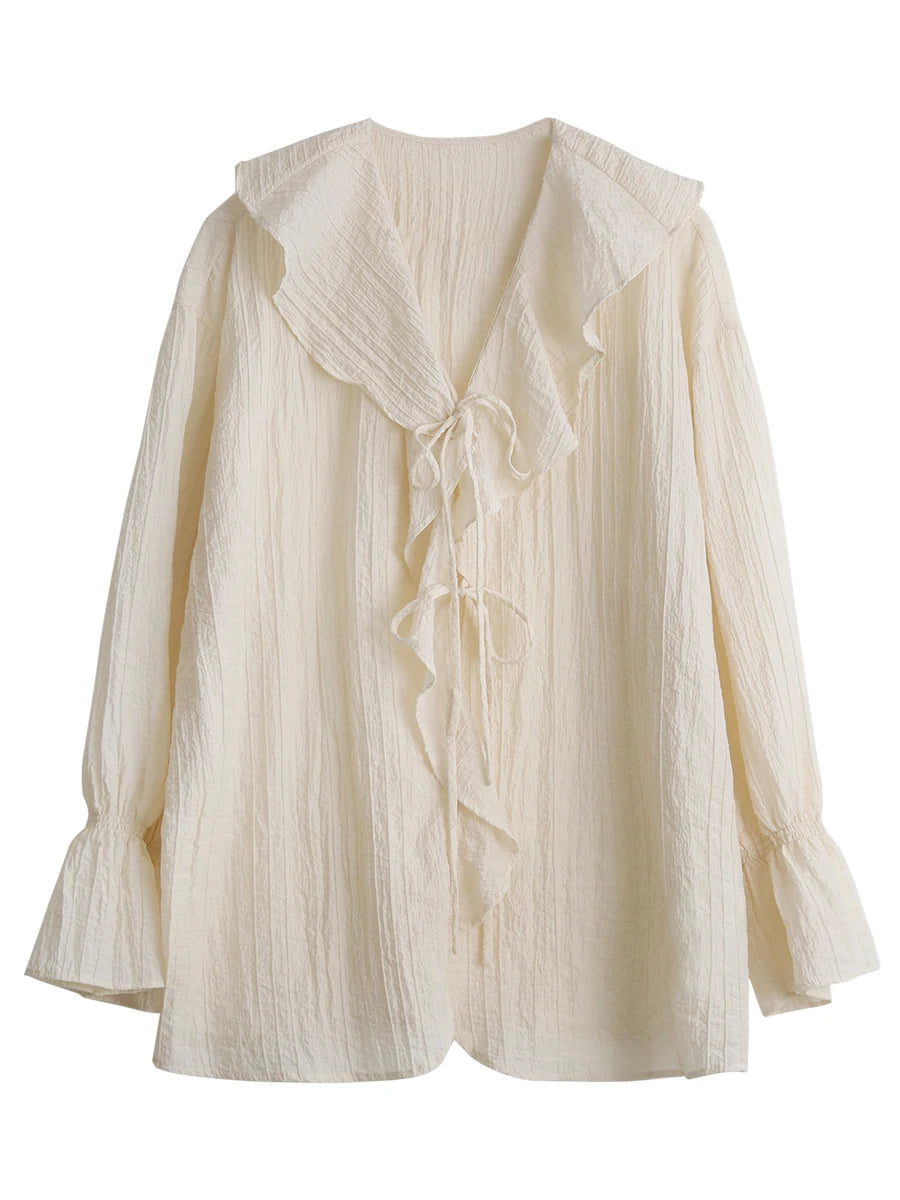 Stylish Ruffled Edged V-Neck Women's Summer Shirt