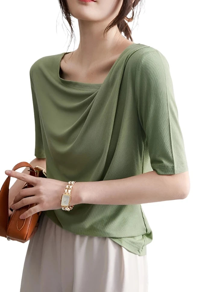 Mulberry Silk Blend Skew Collar Solid T-Shirt for Women