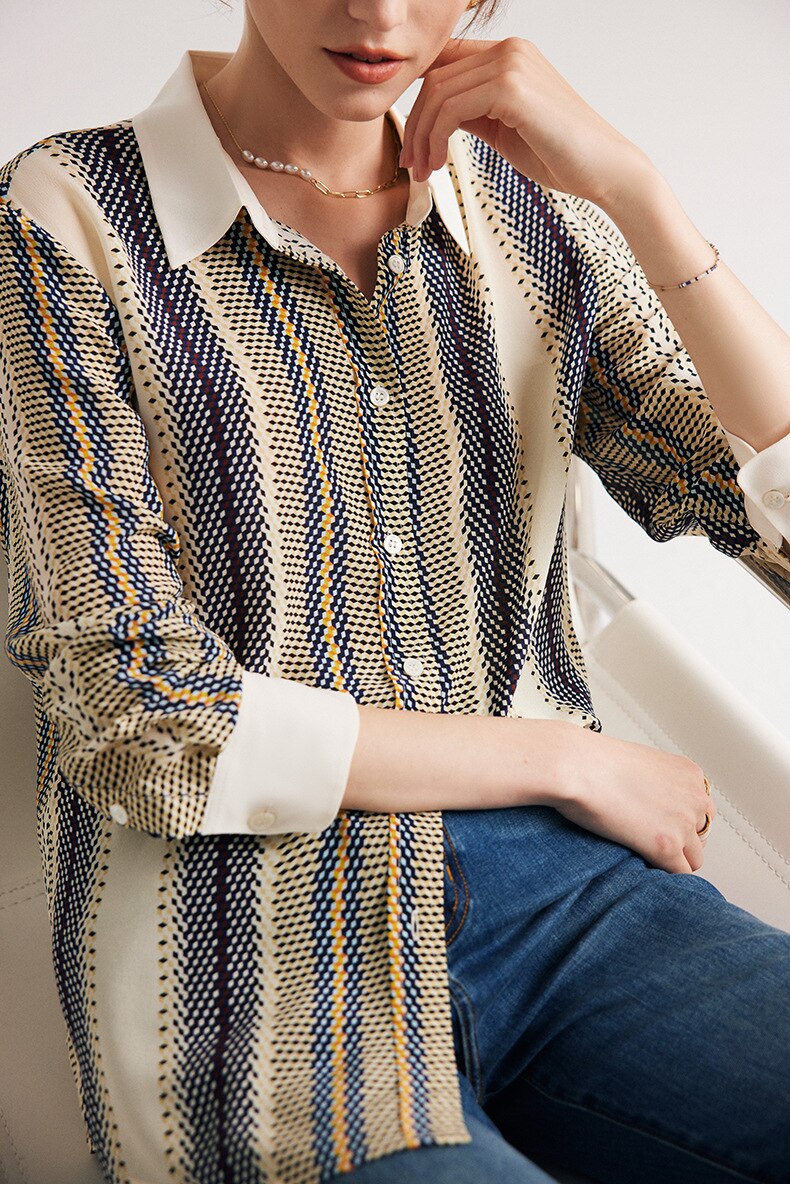 100% Premium Mulberry Silk Stripe Printed Women Shirt