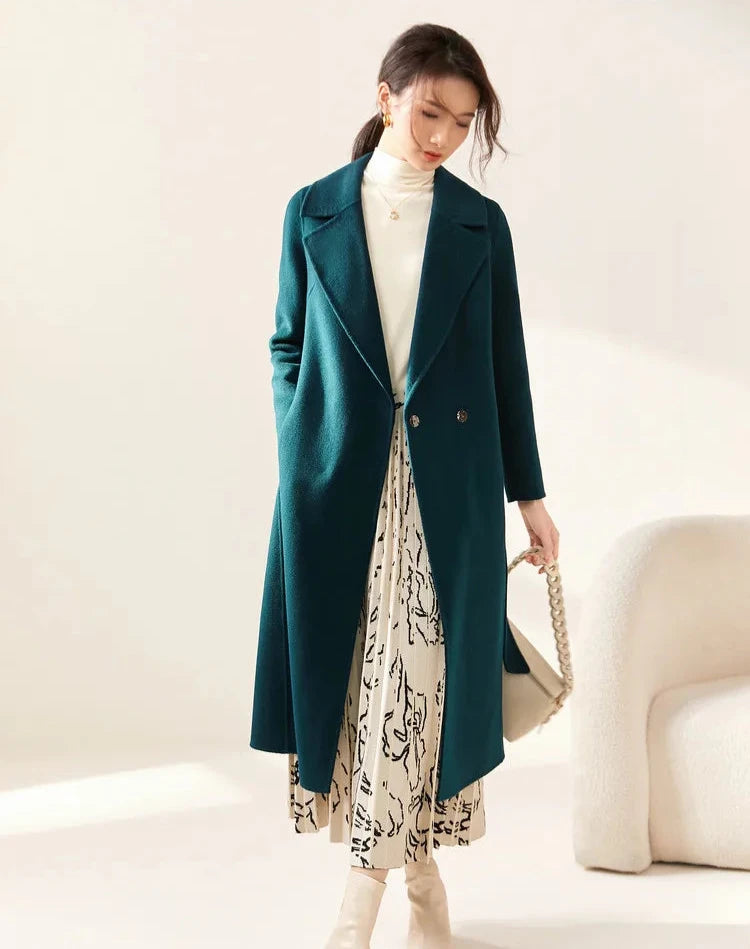 100% Wool Handmade Notched Lapels Elegant Women's Long Coat