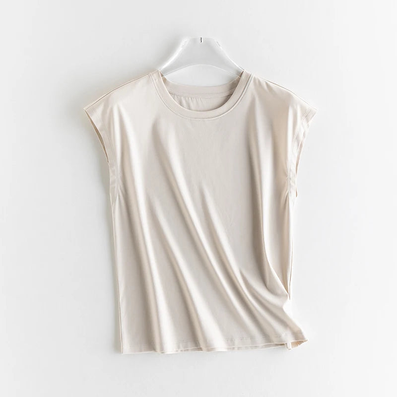 Mulberry Silk Mercerized Cotton Crewneck Sleeveless Women's T-shirt