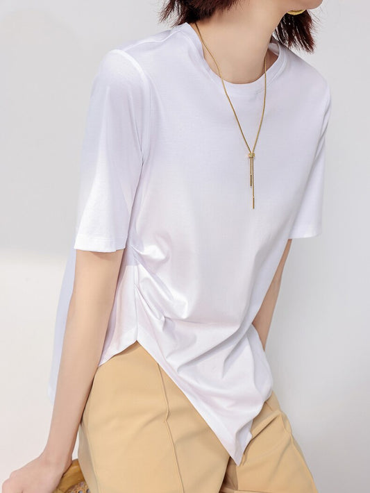 Premium Silk Cotton Blend Asymmetrical Solid T-Shirt