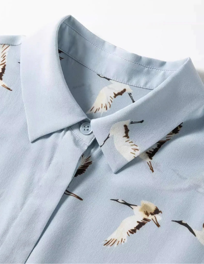 100% Mulberry Silk Elegant Flying Duck Printed Women's Shirt