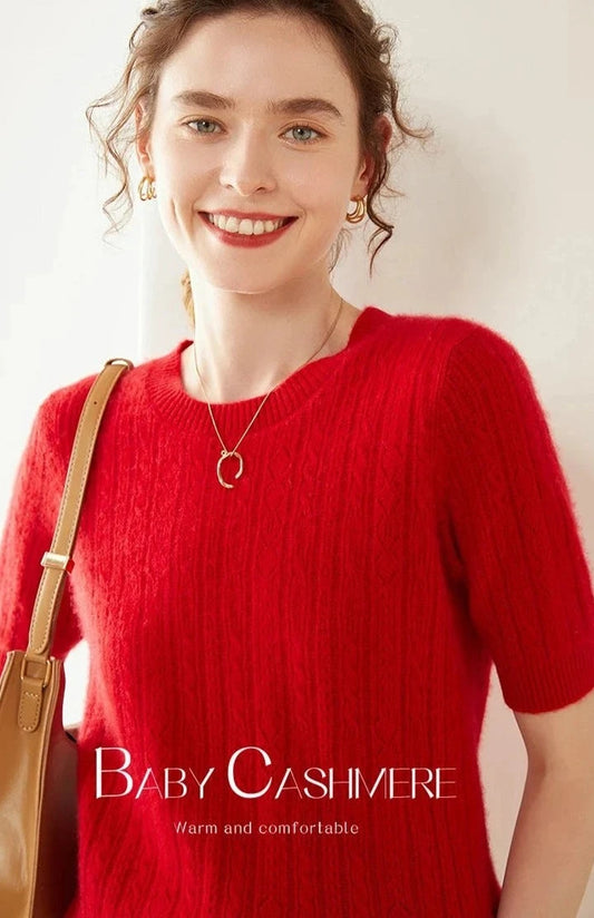 100% Premium Cashmere Crew Neck Short Sleeve Chic Women's Sweater