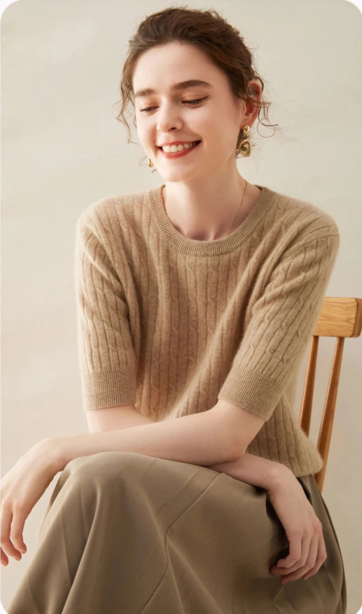 100% Cashmere Short-Sleeve Crewneck Sweater