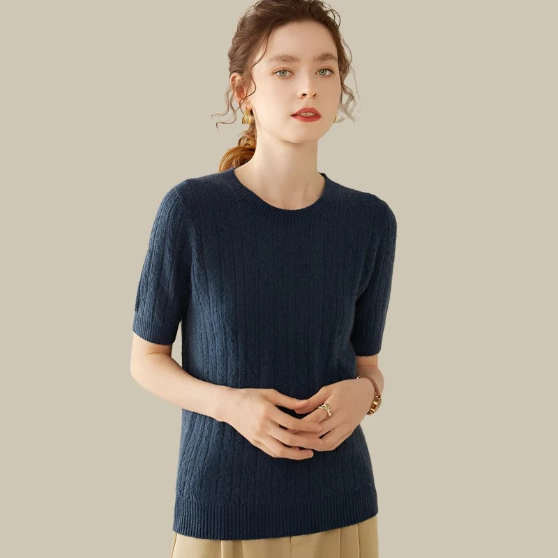 100% Premium Cashmere Crew Neck Short Sleeve Chic Women's Sweater