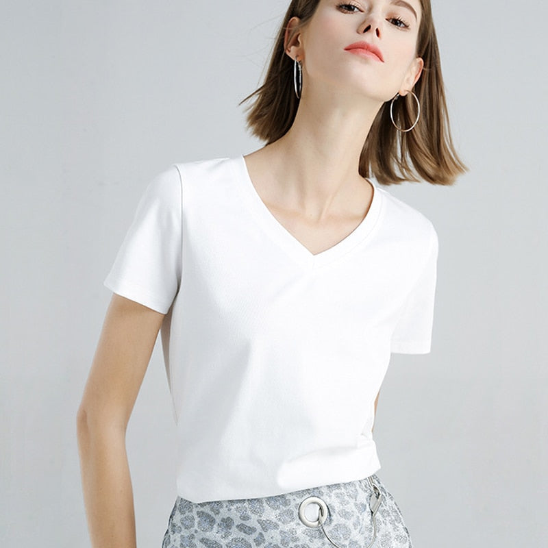 100% Premium Mercerized Cotton V Neck Women T-shirt