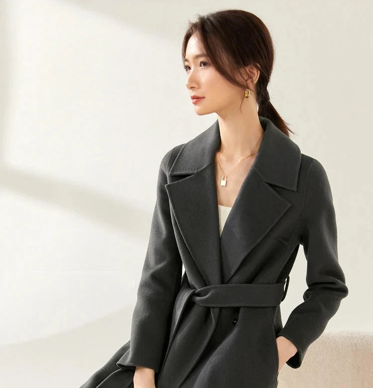 100% Wool Handmade Notched Lapels Elegant Women's Long Coat