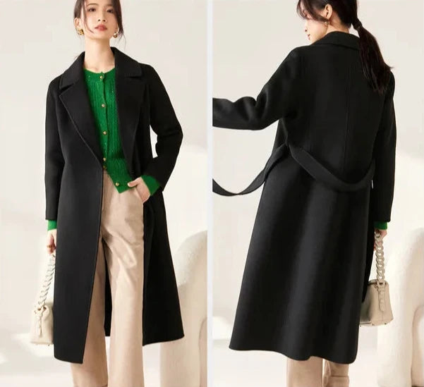 100% Wool Handmade Notched Lapels Elegant Women's Long Coat