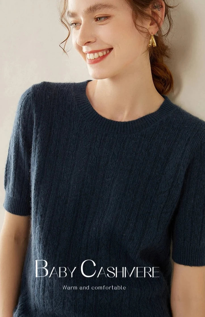 100% Premium Cashmere Crew Neck Short Sleeve Chic Women's Sweater