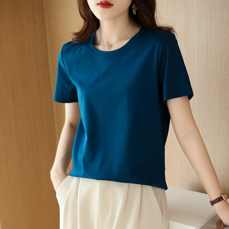 100% Premium Mercerized Cotton Crew Neck Women T-shirt