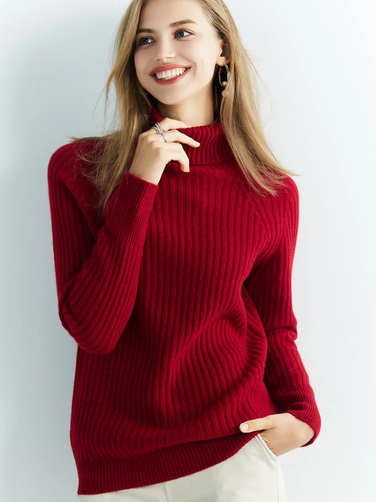 100% Australian Merino Wool Turtleneck Ribbed Sweater