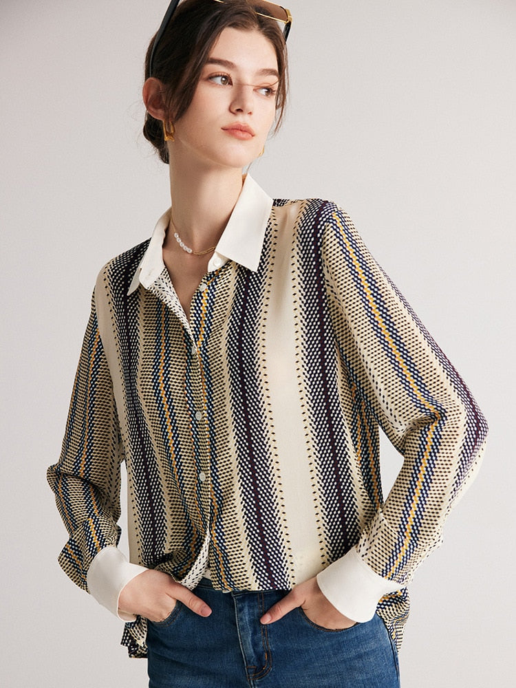 100% Premium Mulberry Silk Stripe Printed Women Shirt