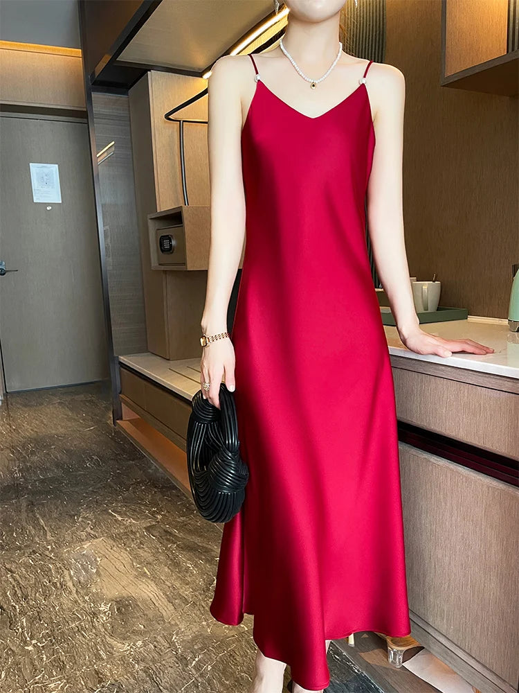 Pure Mulberry Silk Spaghetti Strap Elegant Women's Party Dress