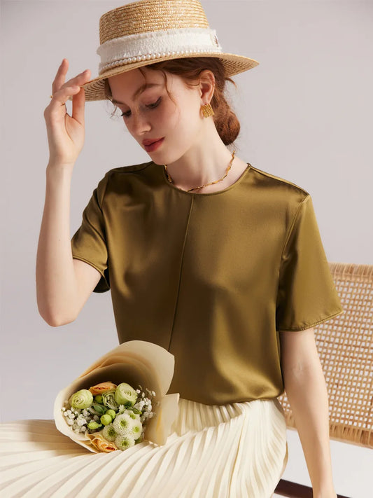 100% Premium Mulberry Silk Crew Neck Chic Summer Top