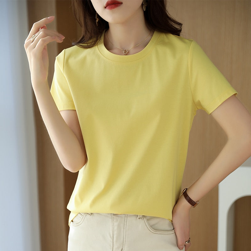 100% Premium Mercerized Cotton Crew Neck Women T-shirt