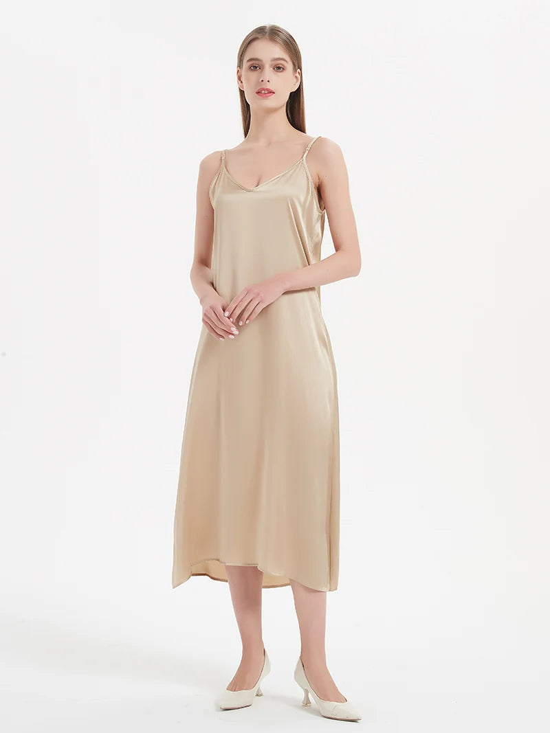 100% Mulberry Silk V-Neck Camisole Midi Dress