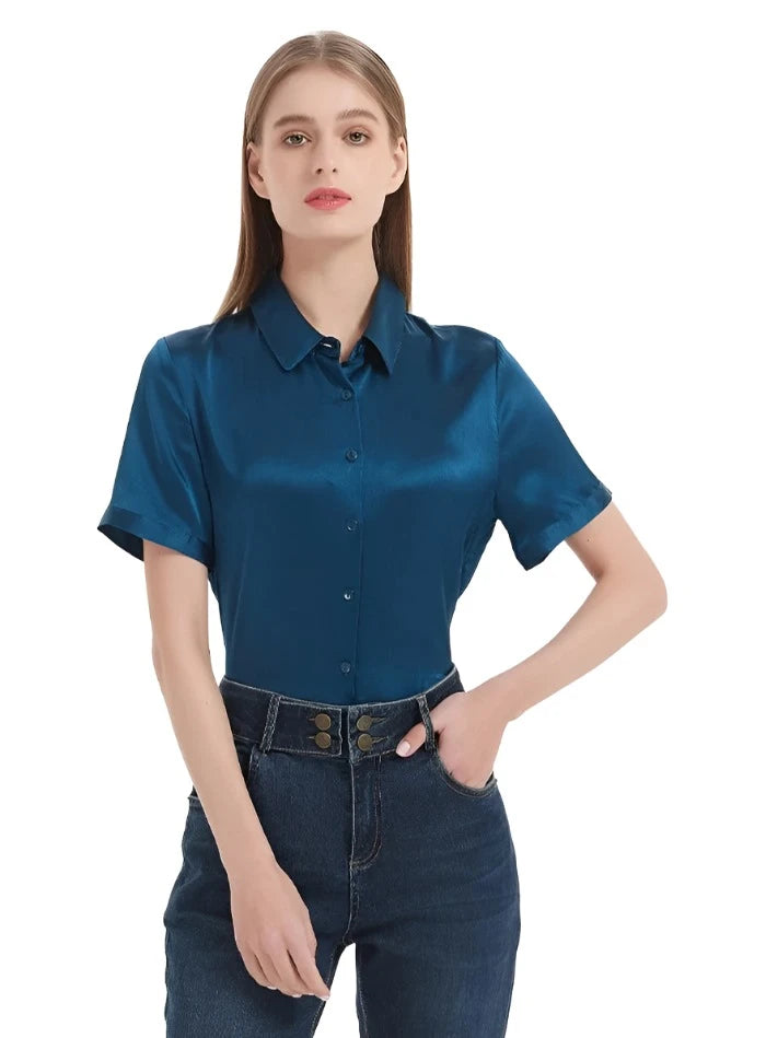 Pure Mulberry Silk Short Sleeved Chic Women's Summer Shirt