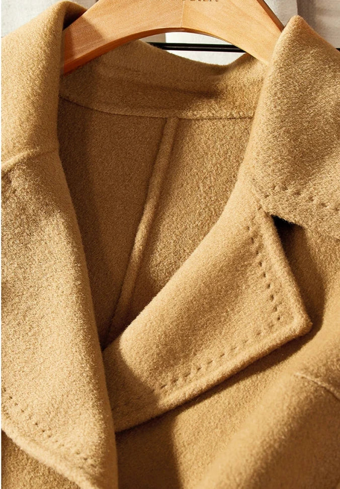 100% Wool Handmade Notched Lapels Elegant Women's Long Coat