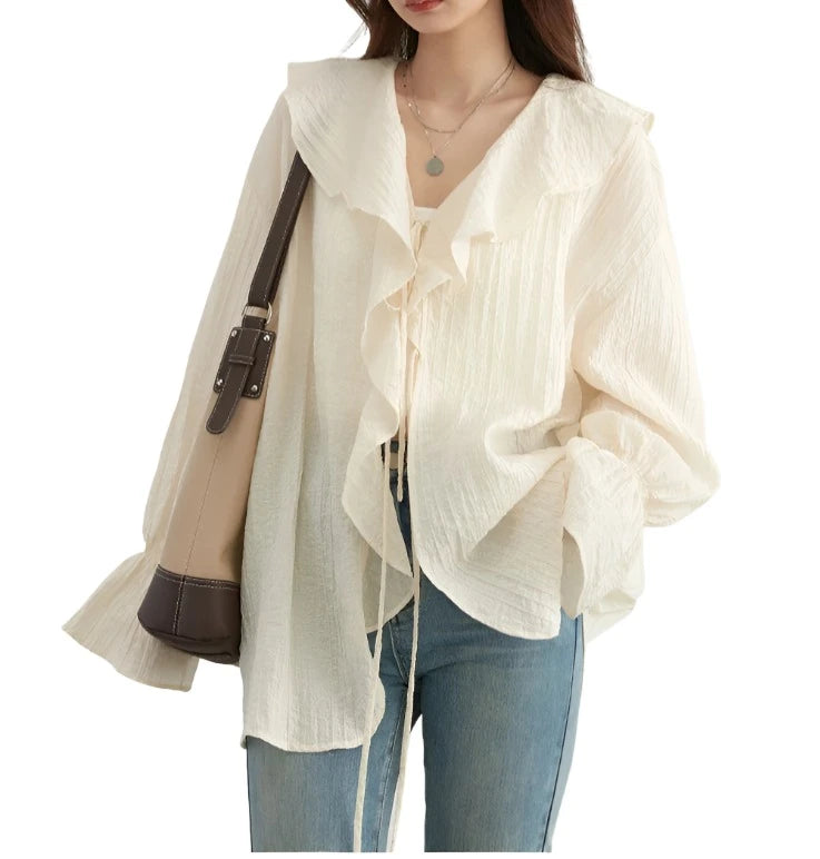 Stylish Ruffled Edged V-Neck Women's Summer Shirt