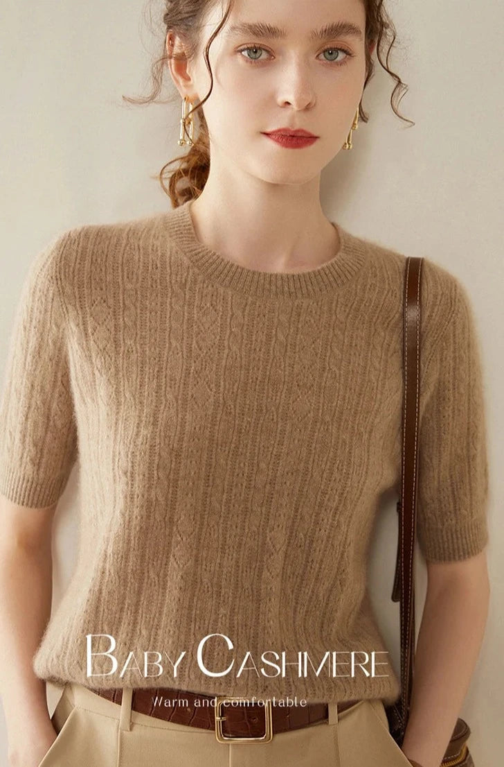 100% Premium Cashmere Crew Neck Short Sleeve Chic Women's Sweater