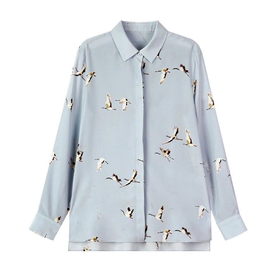 100% Mulberry Silk Elegant Flying Duck Printed Women's Shirt