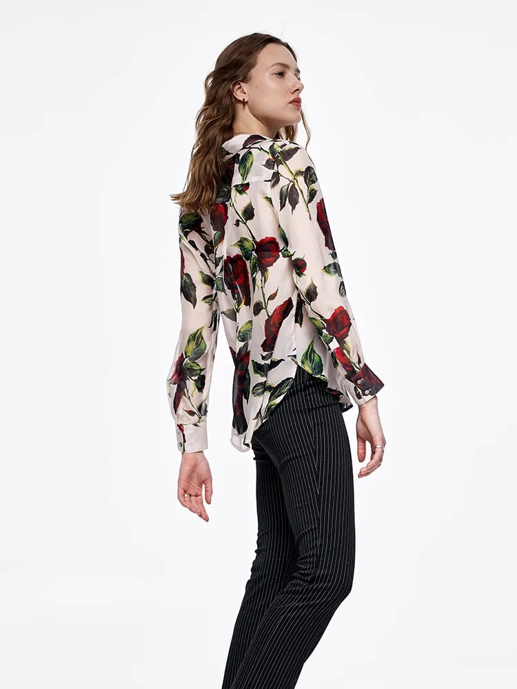 100% Premium Mulberry Silk Rose Printed Chic Women's Shirt