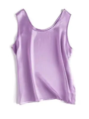 Purple tsleeveless silk top on a white background
