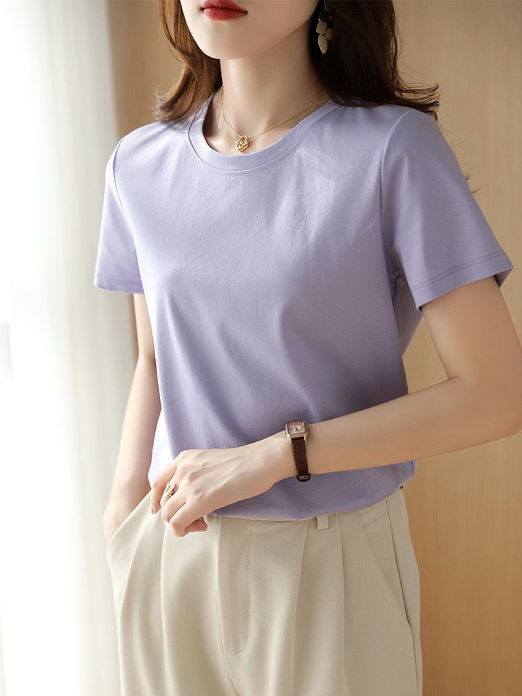 100% Premium Mercerized Cotton Crew Neck Women T-shirt