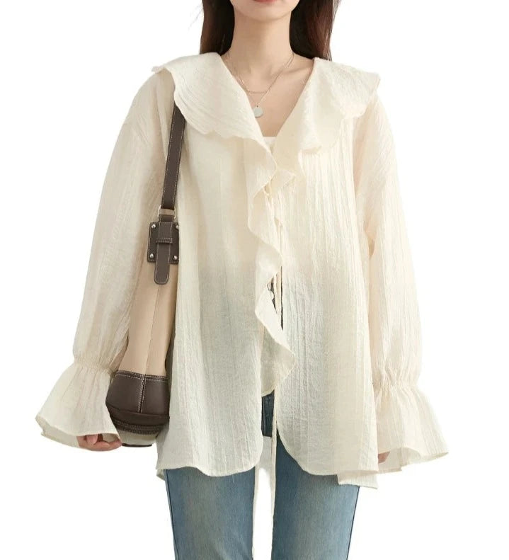 Stylish Ruffled Edged V-Neck Women's Summer Shirt