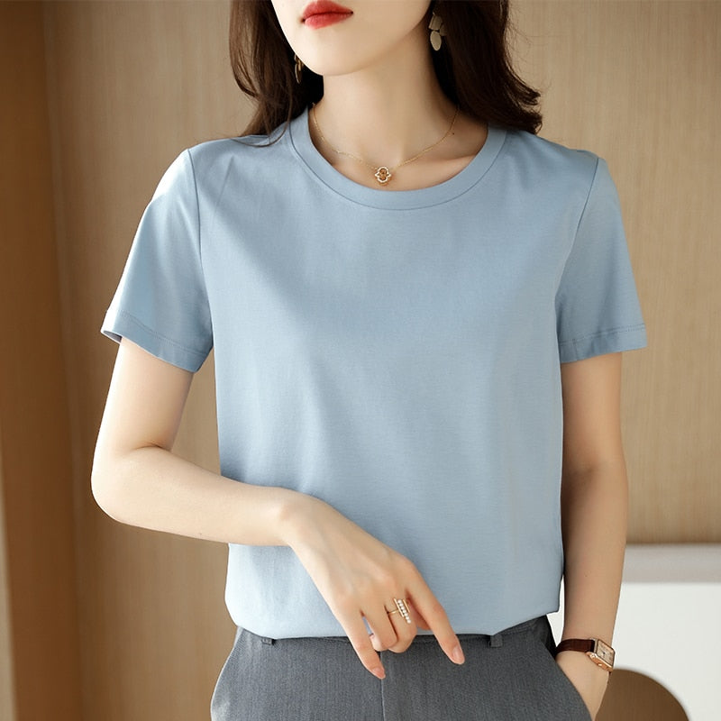 100% Premium Mercerized Cotton Crew Neck Women T-shirt