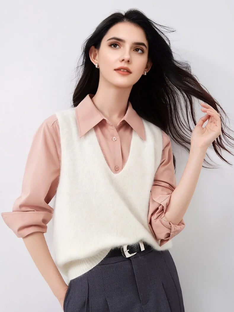 Premium Wool Cashmere Blend V Neck Women's Vest Pullover Loose Sweater