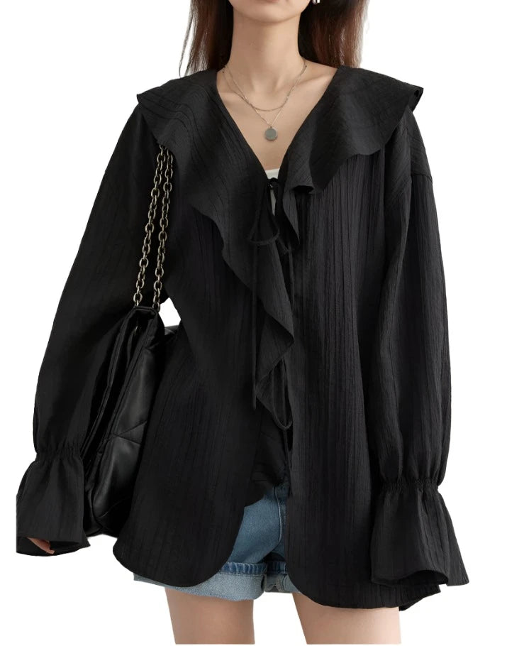 Stylish Ruffled Edged V-Neck Women's Summer Shirt