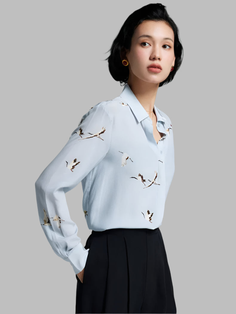 100% Mulberry Silk Elegant Flying Duck Printed Women's Shirt