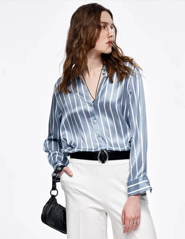 100% Pure Premium 20.8MM Mulberry Silk Women Striped Shirt