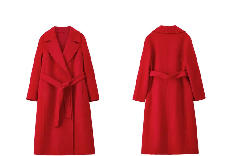 100% Wool Handmade Notched Lapels Elegant Women's Long Coat