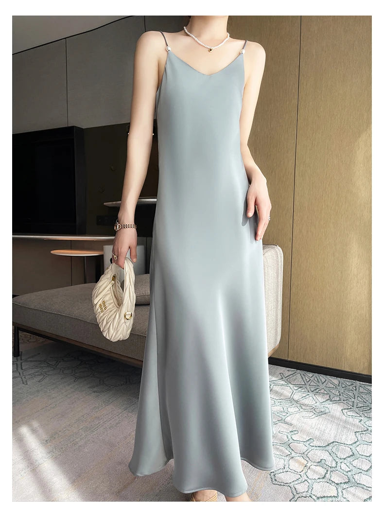 Pure Mulberry Silk Spaghetti Strap Elegant Women's Party Dress