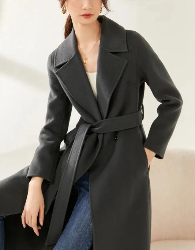 100% Wool Handmade Notched Lapels Elegant Women's Long Coat