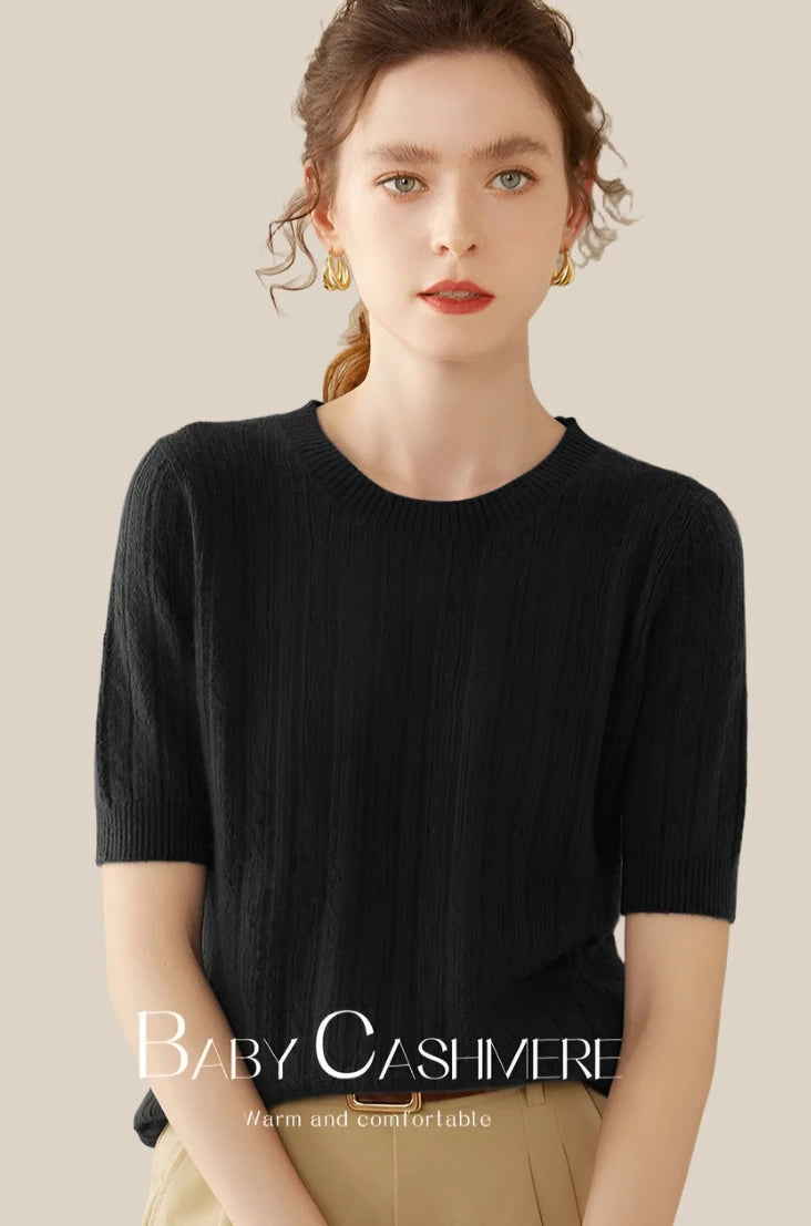 100% Premium Cashmere Crew Neck Short Sleeve Chic Women's Sweater