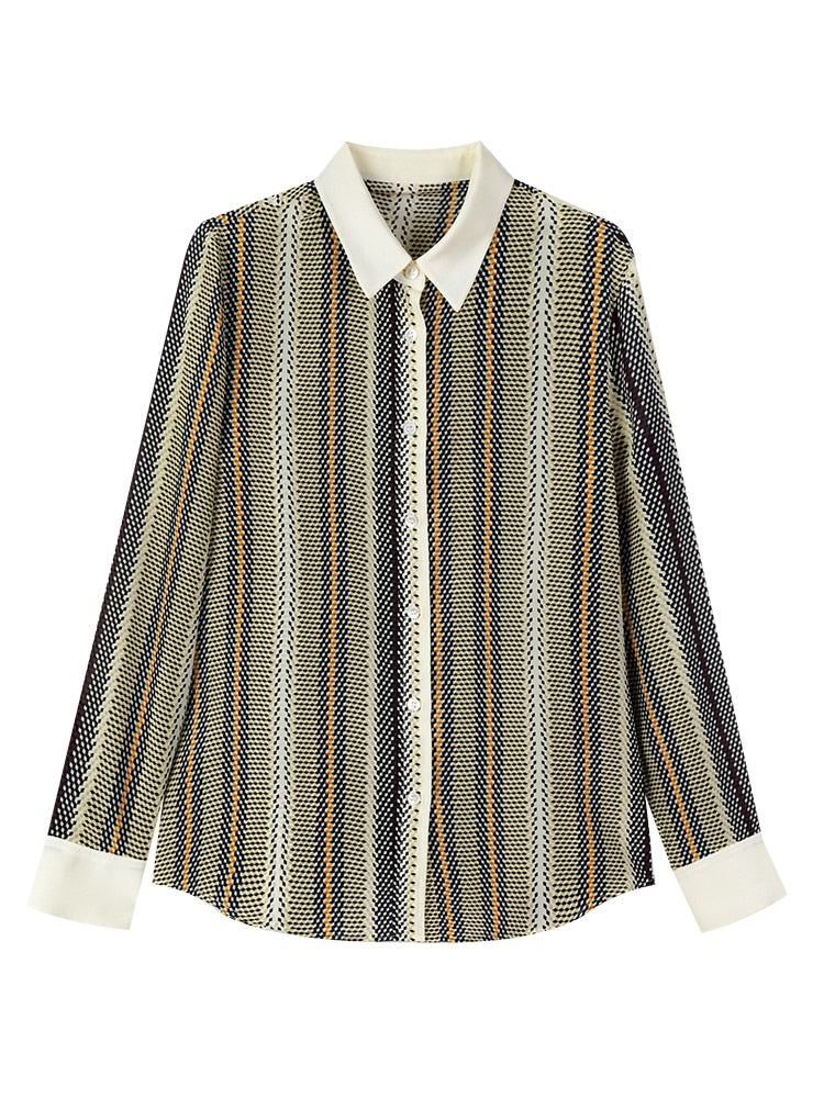100% Premium Mulberry Silk Stripe Printed Women Shirt