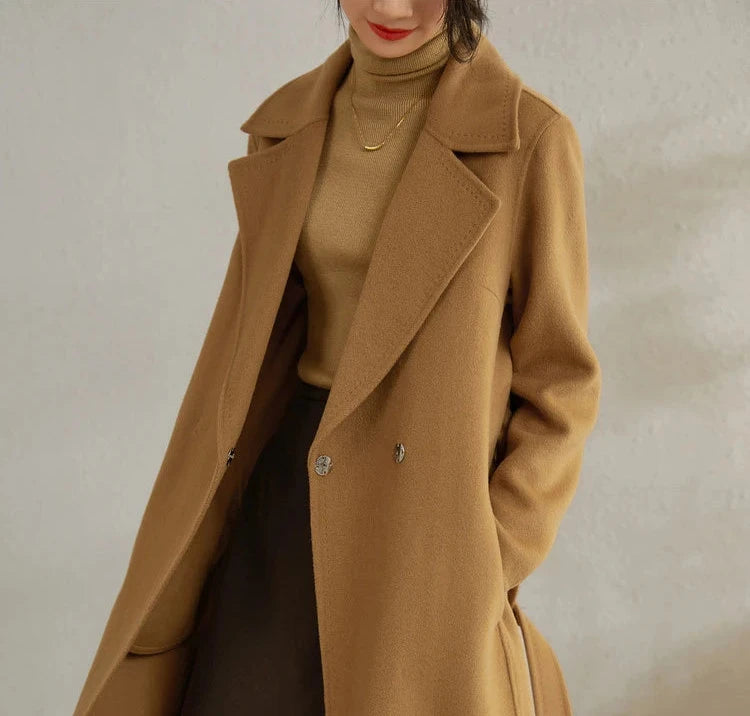 100% Wool Handmade Notched Lapels Elegant Women's Long Coat