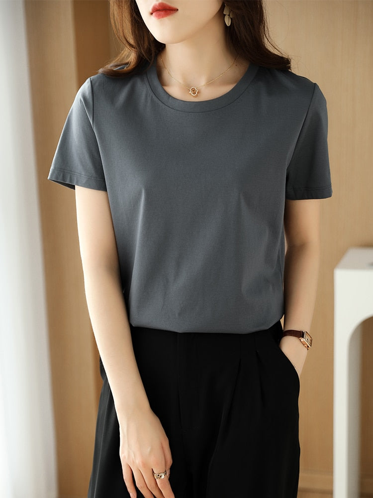 100% Premium Mercerized Cotton Crew Neck Women T-shirt