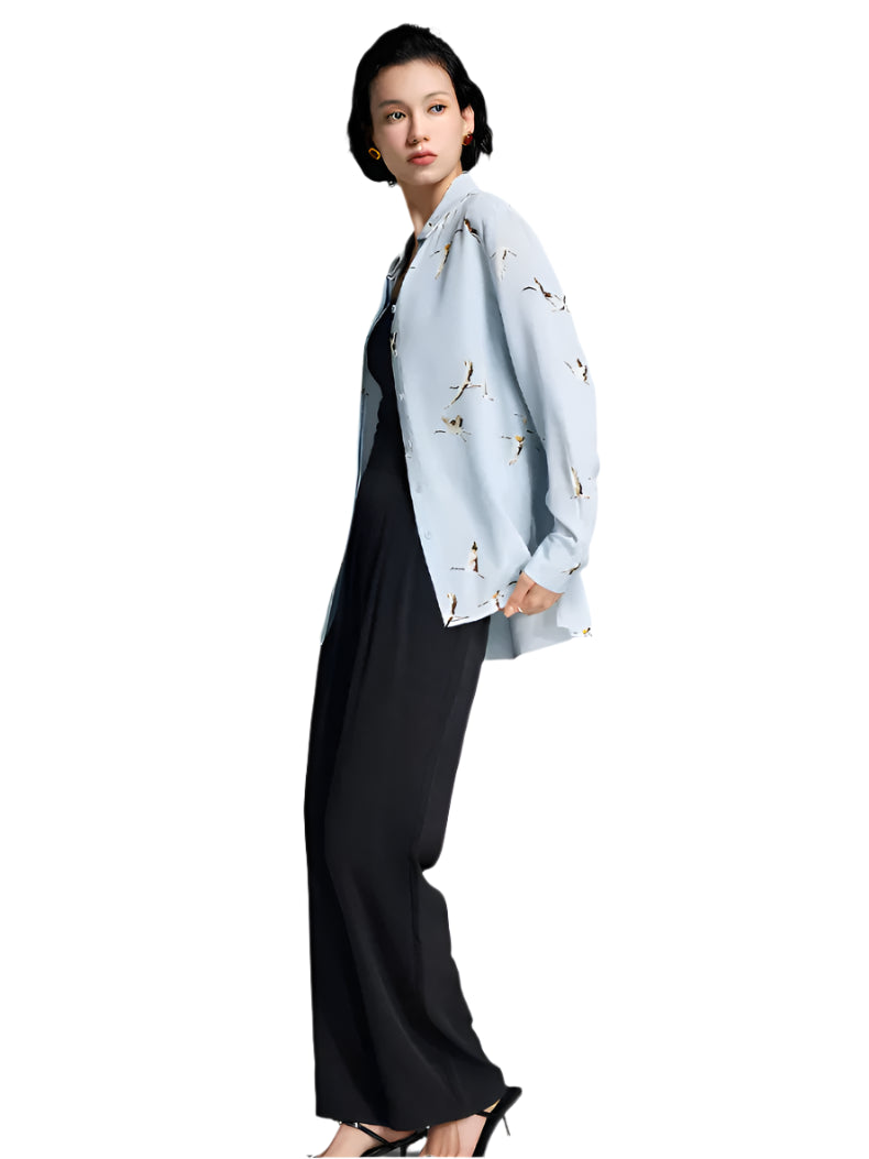 100% Mulberry Silk Elegant Flying Duck Printed Women's Shirt
