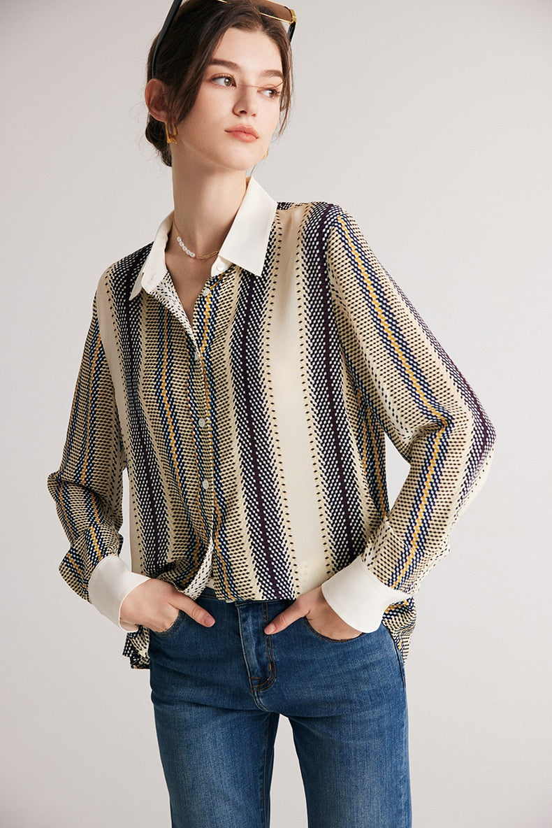 100% Premium Mulberry Silk Stripe Printed Women Shirt